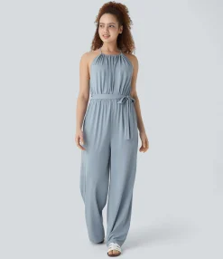 Jumpsuits<HALARA Sleeveless Tie Back Belted Pocket Wide Leg Cool Touch Jumpsuit-UPF50+