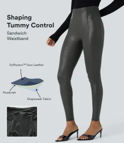 Leggings<HALARA SoCinched High Waisted Tummy Control Faux Leather Foil Print Stretchy Leggings