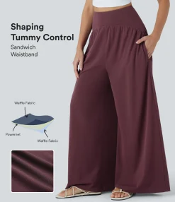 High-Waisted Pants|Wide-Leg Pants<HALARA SoCinched High Waisted Tummy Control Wide Leg Waffle Casual Pants with Pockets