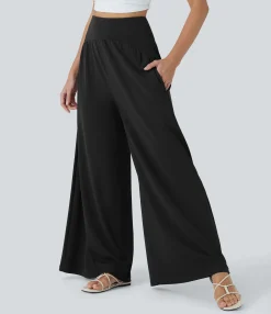 High-Waisted Pants|Wide-Leg Pants<HALARA SoCinched High Waisted Tummy Control Wide Leg Waffle Casual Pants with Pockets