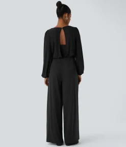 Jumpsuits<HALARA SoftlyZero™ Airy Boat Neck Long Sleeve Keyhole Back 2-in-1 Pocket Wide Leg Cool Touch Casual Jumpsuit-UPF50+