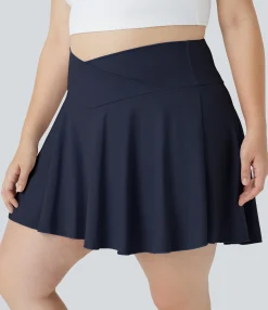 Plus Size<HALARA SoftlyZero™ Airy Comfy High Waisted Crossover 2-in-1 Pocket Plus Size Flare Cool Touch Tennis Skirt-UPF50+