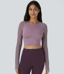 Yoga Tops|Sports Tops<HALARA SoftlyZero™ Airy Contrast Mesh Sleeve Cropped Cool Touch Yoga Sports Top-UPF50+