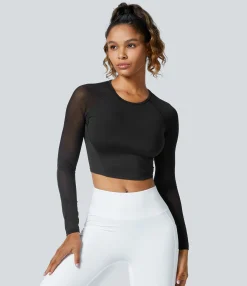 Yoga Tops|Sports Tops<HALARA SoftlyZero™ Airy Contrast Mesh Sleeve Cropped Cool Touch Yoga Sports Top-UPF50+