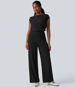 Jumpsuits<HALARA SoftlyZero™ Airy Cowl Neck Cap Sleeve Straight Leg Cool Touch Casual Jumpsuit with Pockets