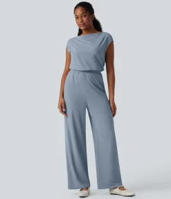 Jumpsuits<HALARA SoftlyZero™ Airy Cowl Neck Cap Sleeve Straight Leg Cool Touch Casual Jumpsuit with Pockets
