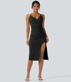 Bodycon Dresses|Maxi & Midi Dresses<HALARA SoftlyZero™ Airy Crossover Ruched Lace Up Bodycon Cool Touch Dress-D/DD/DDD/F Cups-UPF50+