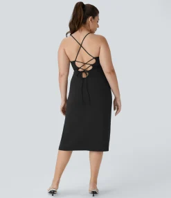 Plus Size<HALARA SoftlyZero™ Airy Crossover Ruched Lace Up Bodycon Cool Touch Plus Size Dress-UPF50+