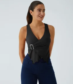 Casual Tops|Tank Tops & Camis<HALARA SoftlyZero™ Airy Deep V Neck Crossover Decorative Buckle Lettuce Trim Cool Touch Casual Vest-UPF50+