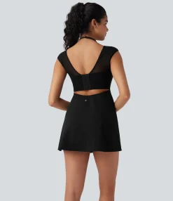 Active Dresses|Dresses<HALARA SoftlyZero™ Airy Halter Adjustable Buckle Contrast Mesh Cool Touch Yoga Active Dress-Easy Peezy-UPF50+