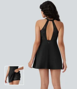 Mini Dresses|Active Dresses<HALARA SoftlyZero™ Airy Halter G-hook Contrast Lace 2-in-1 Mini Cool Touch Yoga Active Dress-UPF50+