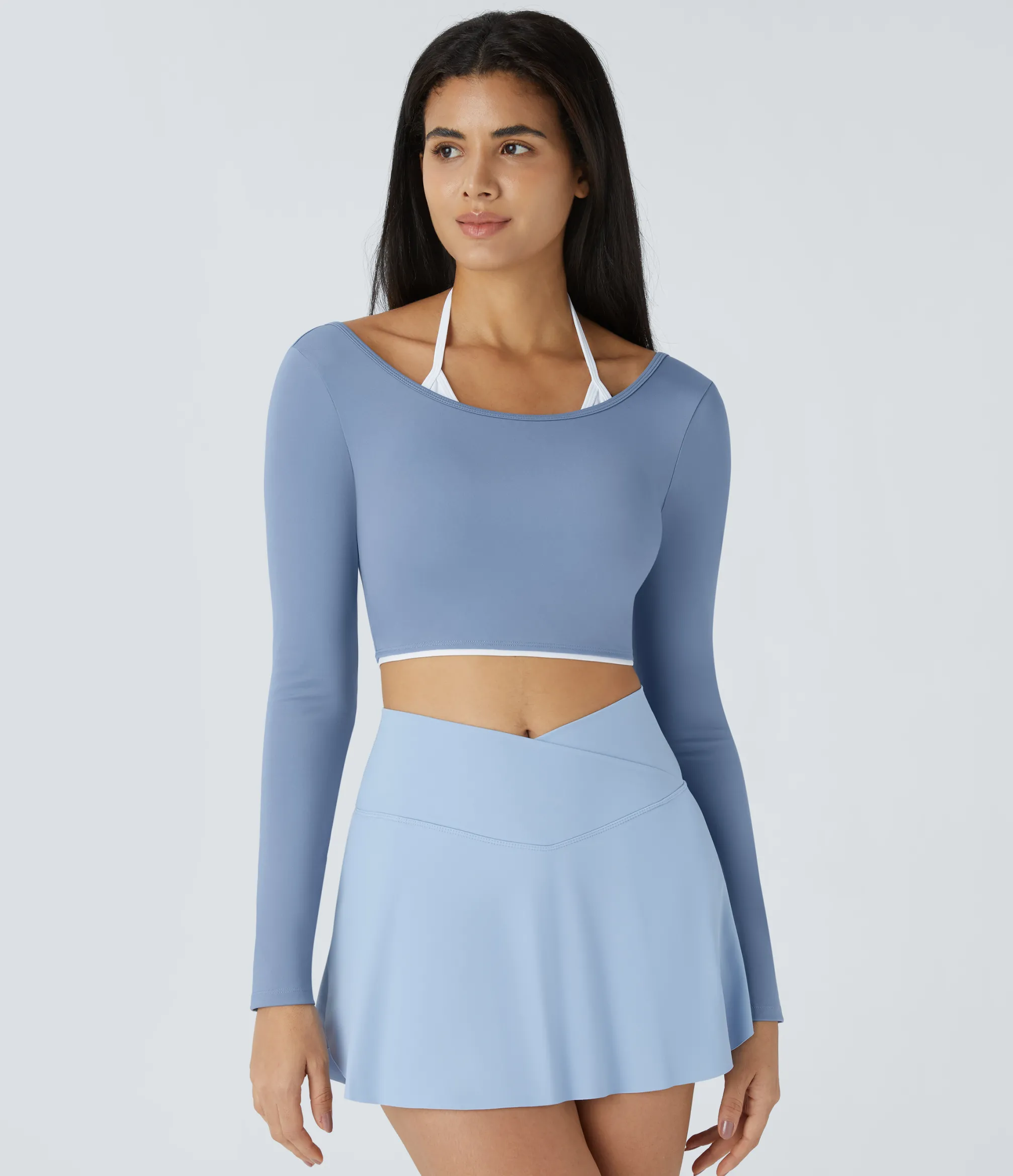 Yoga Tops|Sports Tops<HALARA SoftlyZero™ Airy Halter Long Sleeve Color Block Cropped Yoga Sports Top-UPF50+