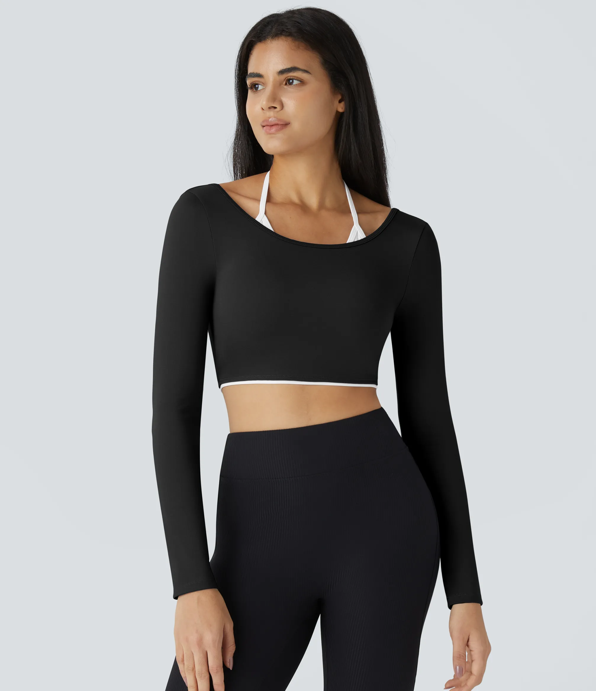Yoga Tops|Sports Tops<HALARA SoftlyZero™ Airy Halter Long Sleeve Color Block Cropped Yoga Sports Top-UPF50+