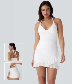 Bodycon Dresses|Mini Dresses<HALARA SoftlyZero™ Airy Halter Tie Back 2-Piece Pocket Bodycon Ruffle Hem Cool Touch Mini Casual Dress