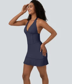 Mini Dresses|Active Dresses<HALARA SoftlyZero™ Airy Halter Tie Back Corset Ruffle Hem Mini Cool Touch Casual Dress-UPF50+
