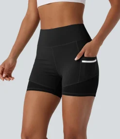 Active Shorts|Bikers<HALARA SoftlyZero™ Airy High Waisted Reflective Line Contrast Perforated Pocket Cool Touch Yoga Biker Shorts 4''-UPF50+