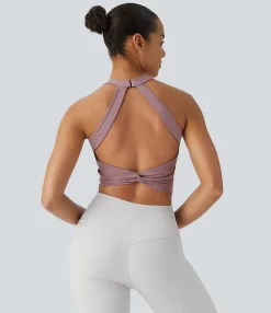 Yoga Tops|Sports Bras<HALARA SoftlyZero™ Airy Low Support Halter Neck Contrast Mesh Cool Touch Sports Bra-UPF50+