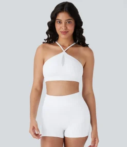Yoga Tops|Sports Bras<HALARA SoftlyZero™ Airy Low Support Halter Cut Out Contrast Mesh Cool Touch Yoga Sports Bra-UPF50+