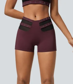 Bikers|Active Shorts<HALARA SoftlyZero™ Airy Mid Rise V Shaped Contrast Mesh Cool Touch Casual Biker Shorts 3''-UPF50+ Berry Red