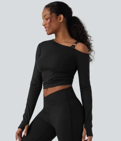 Sports Tops|Sports Tops<HALARA SoftlyZero™ Airy One Shoulder Long Sleeve Thumb Holes Ruched Cool Touch Yoga SportsTop-UPF50+