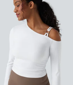 Sports Tops|Sports Tops<HALARA SoftlyZero™ Airy One Shoulder Long Sleeve Thumb Holes Ruched Cool Touch Yoga SportsTop-UPF50+