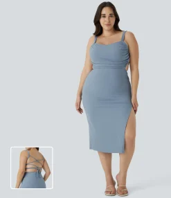 Plus Size<HALARA SoftlyZero™ Airy Ruched Lace Up Bodycon Midi Cool Touch Casual Plus Size Dress