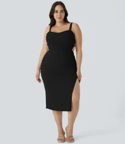 Plus Size<HALARA SoftlyZero™ Airy Ruched Lace Up Bodycon Midi Cool Touch Casual Plus Size Dress