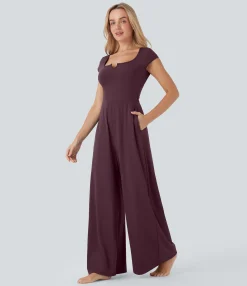 Jumpsuits<HALARA SoftlyZero™ Airy Short Sleeve Wide Leg Cool Touch Yoga Jumpsuit with Pockets-Easy Peezy Edition