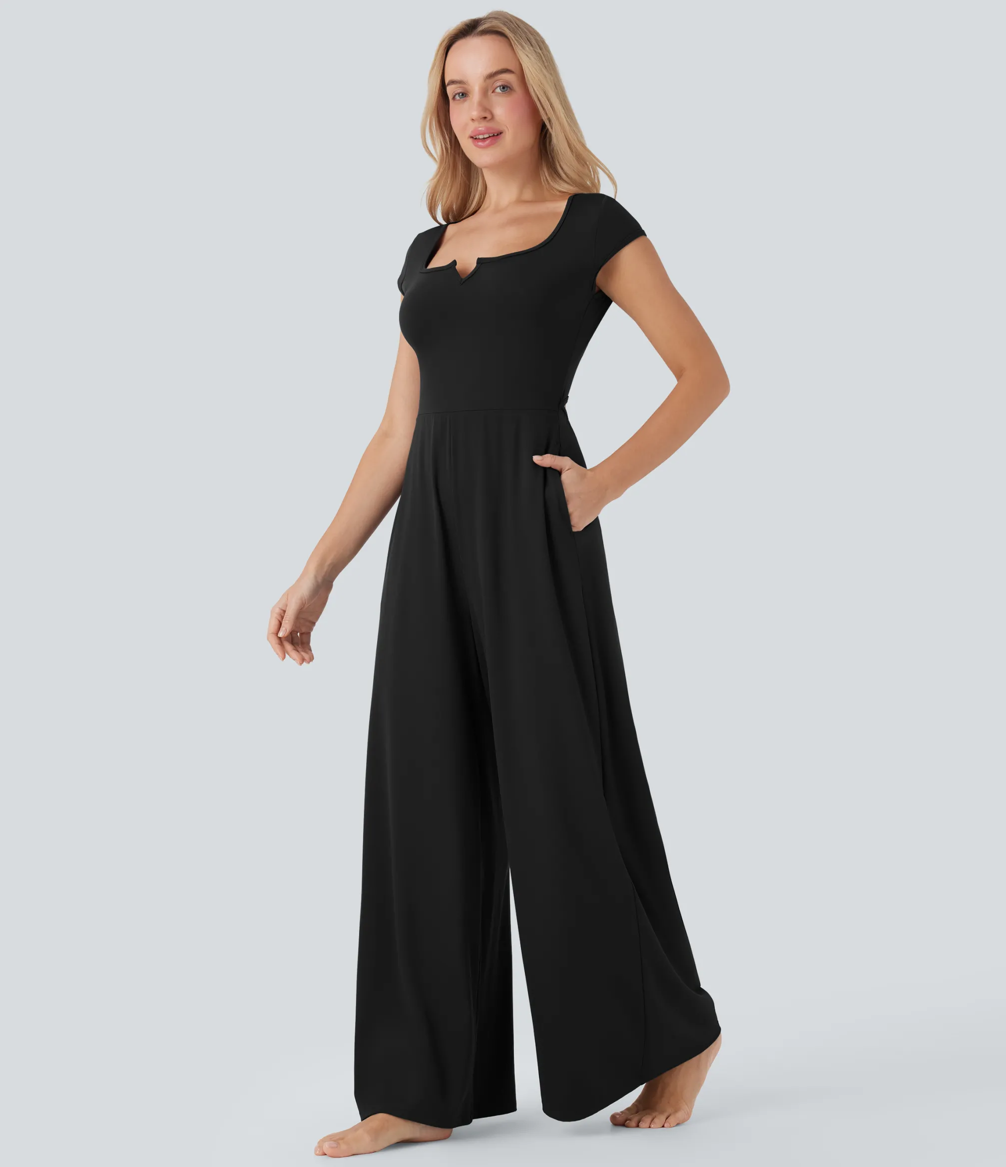 Jumpsuits<HALARA SoftlyZero™ Airy Short Sleeve Wide Leg Cool Touch Yoga Jumpsuit with Pockets-Easy Peezy Edition
