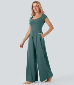 Jumpsuits<HALARA SoftlyZero™ Airy Short Sleeve Wide Leg Cool Touch Yoga Jumpsuit with Pockets-Easy Peezy Edition