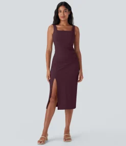 Bodycon Dresses|Maxi & Midi Dresses<HALARA SoftlyZero™ Airy Square Neck Corset Ruched Bodycon Midi Cool Touch Dress-D/DD/DDD/F Cups