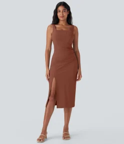 Bodycon Dresses|Maxi & Midi Dresses<HALARA SoftlyZero™ Airy Square Neck Corset Ruched Bodycon Midi Cool Touch Dress-D/DD/DDD/F Cups
