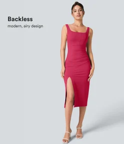 Maxi & Midi Dresses|Bodycon Dresses<HALARA Softlyzero™ Airy Square Neck Backless Corset Ruched Split Bodycon Midi Cool Touch Bridesmaid and Wedding Guest Dress