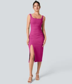 Maxi & Midi Dresses|Bodycon Dresses<HALARA Softlyzero™ Airy Square Neck Backless Corset Ruched Split Bodycon Midi Cool Touch Bridesmaid and Wedding Guest Dress