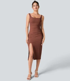 Maxi & Midi Dresses|Bodycon Dresses<HALARA Softlyzero™ Airy Square Neck Backless Corset Ruched Split Bodycon Midi Cool Touch Bridesmaid and Wedding Guest Dress