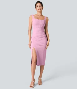 Maxi & Midi Dresses|Bodycon Dresses<HALARA Softlyzero™ Airy Square Neck Backless Corset Ruched Split Bodycon Midi Cool Touch Bridesmaid and Wedding Guest Dress