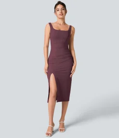 Maxi & Midi Dresses|Bodycon Dresses<HALARA Softlyzero™ Airy Square Neck Backless Corset Ruched Split Bodycon Midi Cool Touch Bridesmaid and Wedding Guest Dress