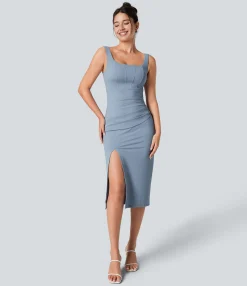 Maxi & Midi Dresses|Bodycon Dresses<HALARA Softlyzero™ Airy Square Neck Backless Corset Ruched Split Bodycon Midi Cool Touch Bridesmaid and Wedding Guest Dress