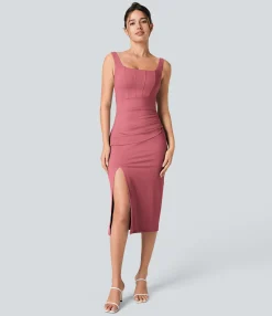Maxi & Midi Dresses|Bodycon Dresses<HALARA Softlyzero™ Airy Square Neck Backless Corset Ruched Split Bodycon Midi Cool Touch Bridesmaid and Wedding Guest Dress