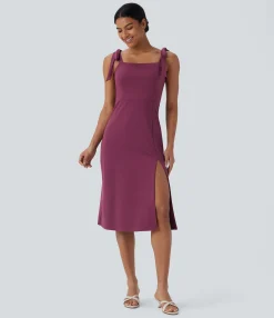 Dresses|Maxi & Midi Dresses<HALARA SoftlyZero™ Airy Square Neck Tie Side Cool Touch Midi Casual Dress