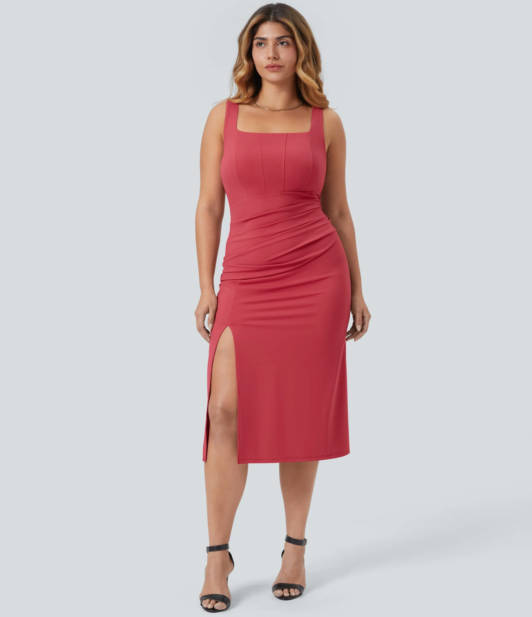 Plus Size<HALARA SoftlyZero™ Airy Square Neck Corset Ruched Bodycon Midi Cool Touch Plus Size Dress
