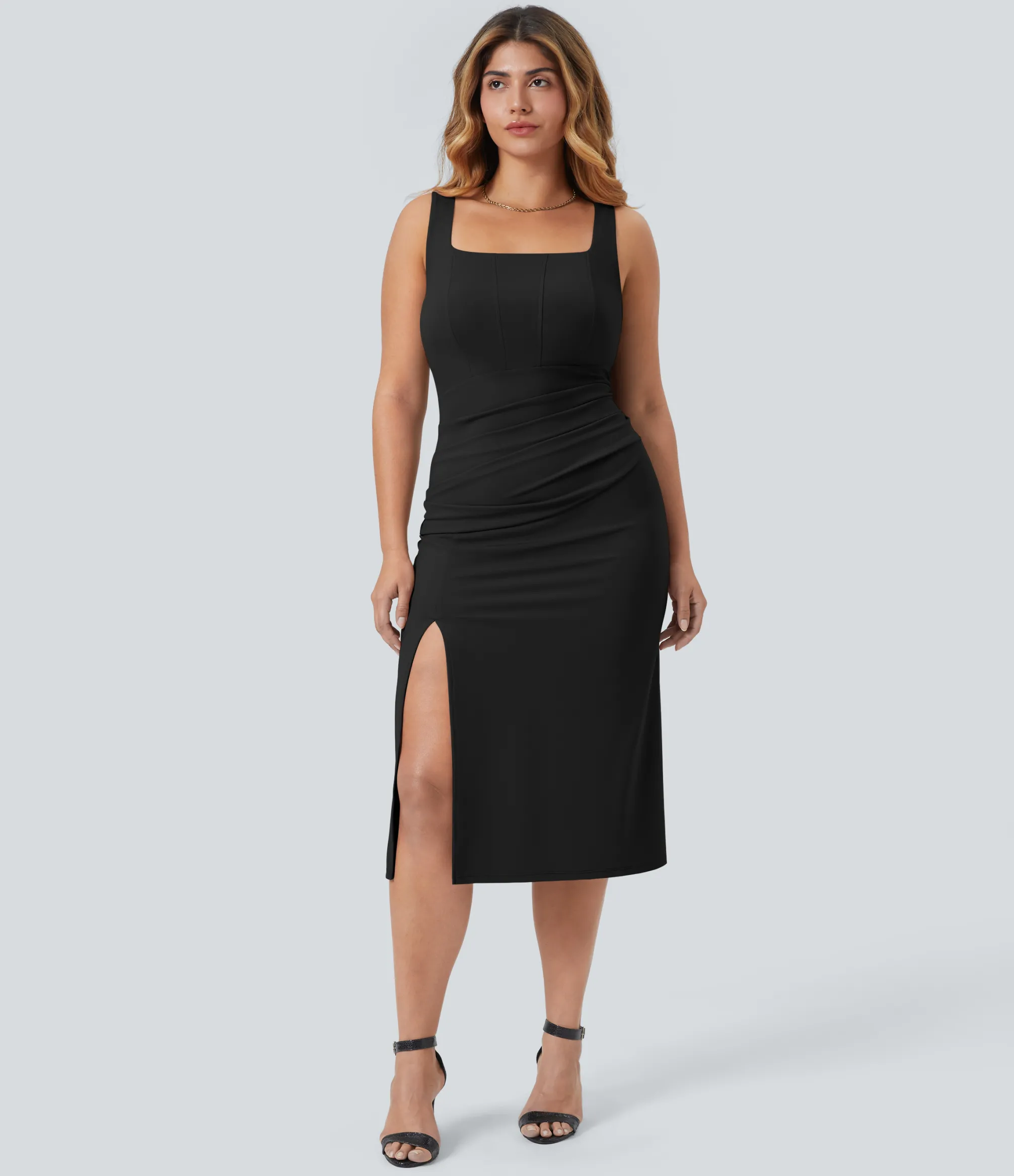 Plus Size<HALARA SoftlyZero™ Airy Square Neck Corset Ruched Bodycon Midi Cool Touch Plus Size Dress