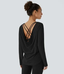 Yoga Tops|Sports Tops<HALARA SoftlyZero™ Airy Square Neck Long Sleeve Curved Hem Cool Touch Yoga Sports Top-UPF50+