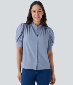 Casual Tops|Shirts Blouses<HALARA SoftlyZero™ Airy Stand Collar Puff Half Sleeve Cool Touch Casual Blouse