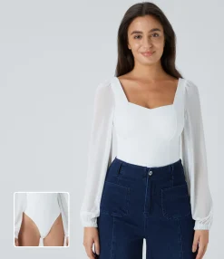 Bodysuits<HALARA SoftlyZero™ Airy Sweetheart Neck Contrast Mesh Bishop Sleeve Cool Touch Casual Bodysuit-UPF50+