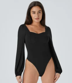 Bodysuits<HALARA SoftlyZero™ Airy Sweetheart Neck Contrast Mesh Bishop Sleeve Cool Touch Casual Bodysuit-UPF50+