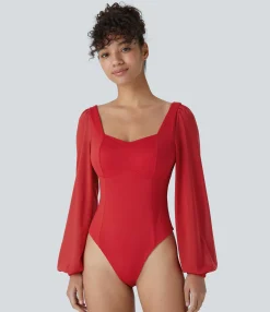Bodysuits<HALARA SoftlyZero™ Airy Sweetheart Neck Contrast Mesh Bishop Sleeve Cool Touch Casual Bodysuit-UPF50+