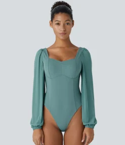 Bodysuits<HALARA SoftlyZero™ Airy Sweetheart Neck Contrast Mesh Bishop Sleeve Cool Touch Casual Bodysuit-UPF50+