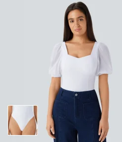 Bodysuits<HALARA SoftlyZero™ Airy Sweetheart Neck Contrast Mesh Bishop Sleeve Cool Touch Casual Bodysuit-UPF50+