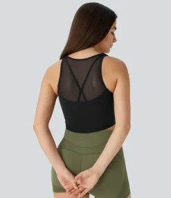 Tank Tops & Camis|Tank Tops<HALARA SoftlyZero™ Airy U Neck Contrast Mesh Cropped Skinny Cool Touch Workout Tank Top-UPF50+